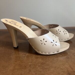 Vtg Sears The Shoe Place Size 8 39 Leather High Heel Open Toe Shoes Mules Clogs‎
